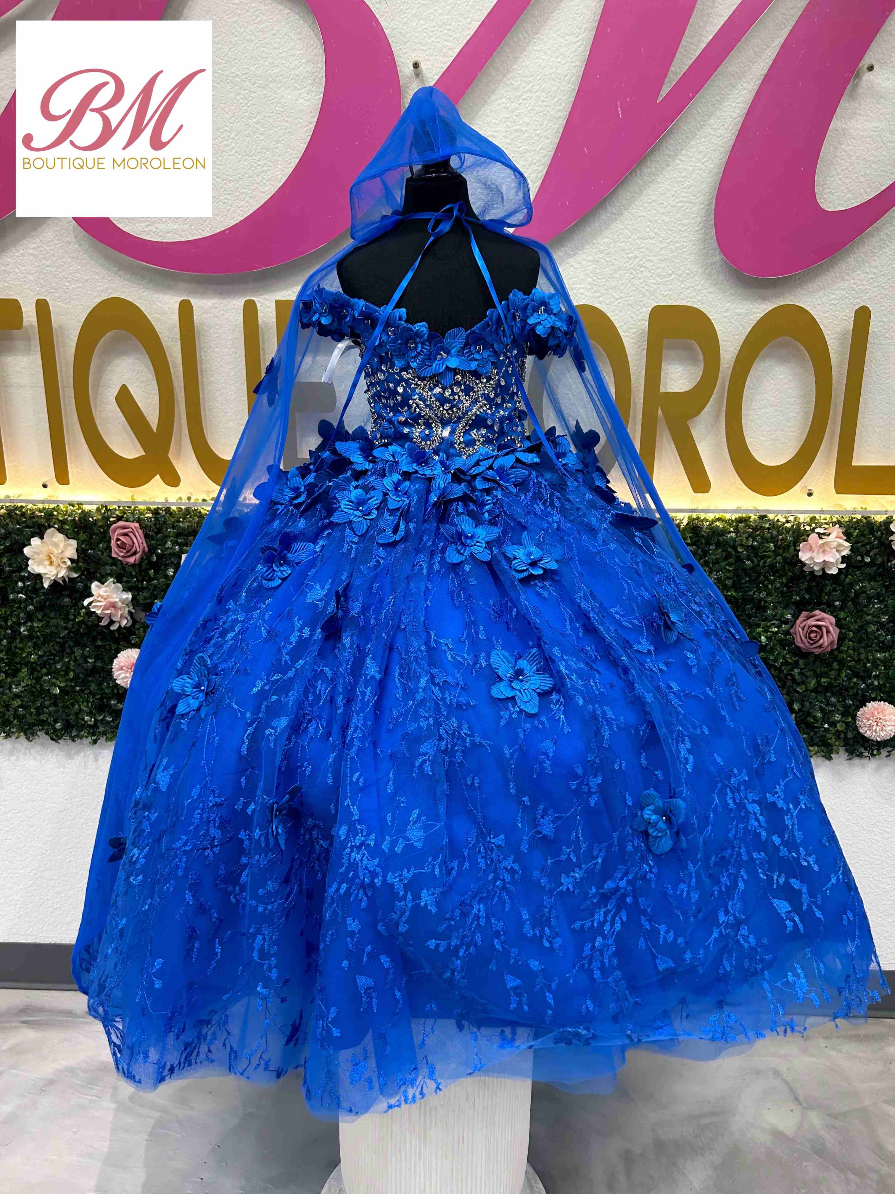 Royal blue gathered waist dress with cape sleeves - Le Merge